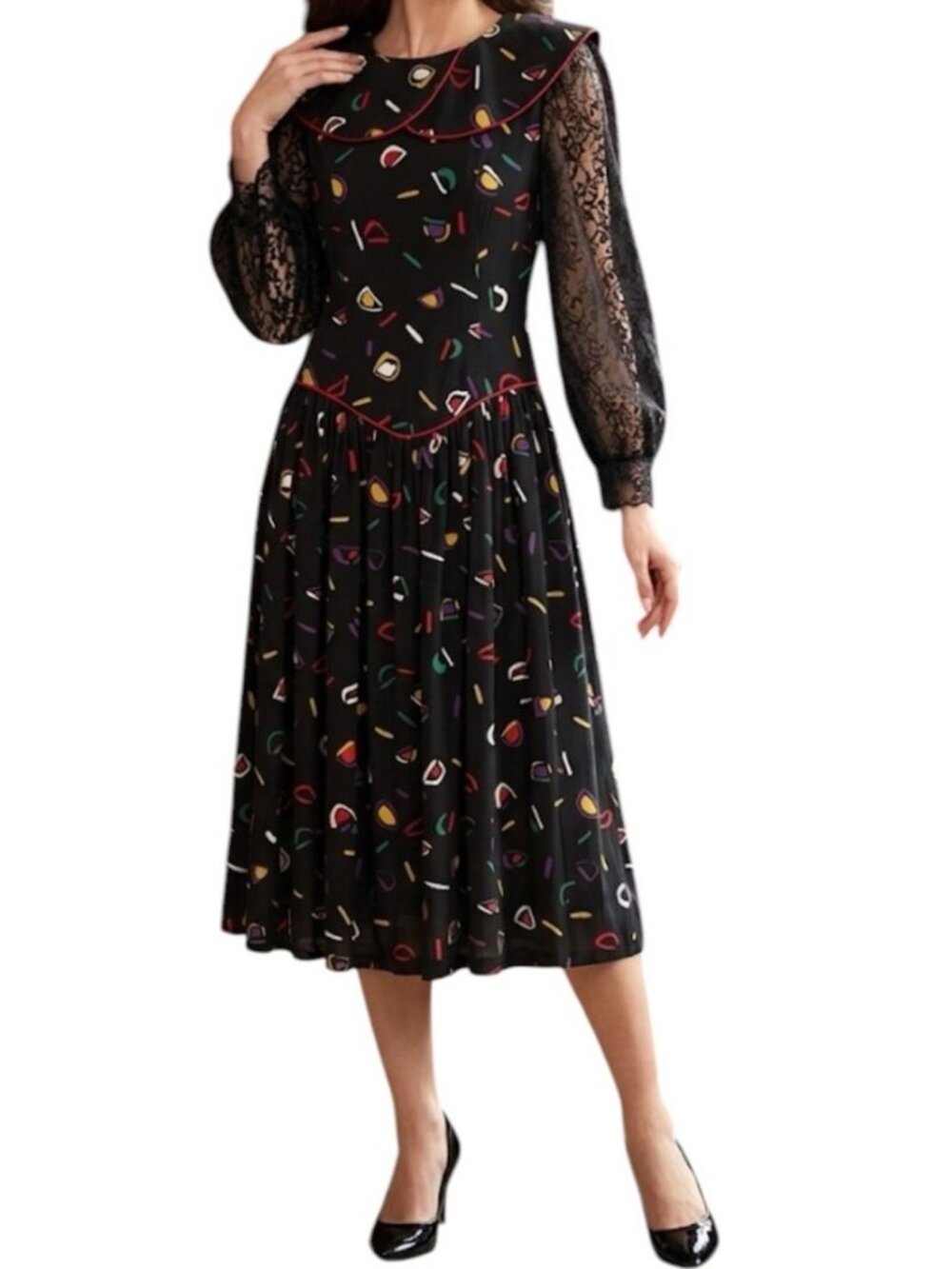 Vintage Leslie Lucks Black Abstract Print Rockabilly Festive Dress Size 2-4